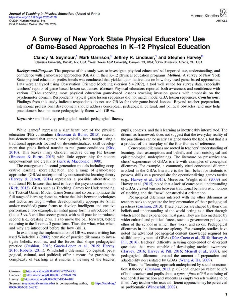 drstephenharvey's tweet photo. STARTING OVER! A new publication with colleagues @DrClancySeymour in @JTPEjournal shows that while #PhysEd T's had an awareness of, & confidence in, Game-Based Approaches (GBAs) to teaching, typical lesson sequences DID NOT match model GBA sequences!!! #pechat https://t.co/S6LG822DNv