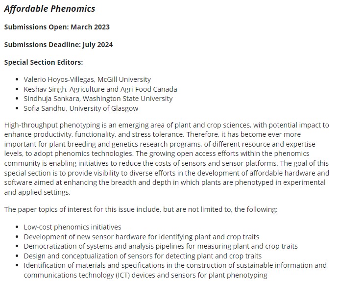 🚨Attention plant phenomics community 🚨 📣@plantphenomej is still accepting manuscripts for our Affordable Phenomics special issue! 📅Deadline is approaching (July 2024). Reach out to @McGillHaricots for queries or to submit your proposal: acsess.onlinelibrary.wiley.com/journal/257827… #Phenomics