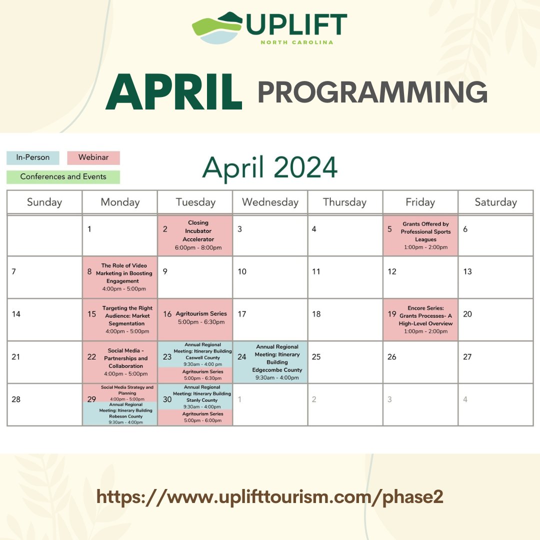 uplift_nc's tweet photo. This April, we have some exciting programs coming your way! 

Check out our calendar and register for events here: https://t.co/4AFc2nGoS2

#upliftnc #aprilprogramming #upcomingevents #programcalendar https://t.co/jaGZBxZqJd