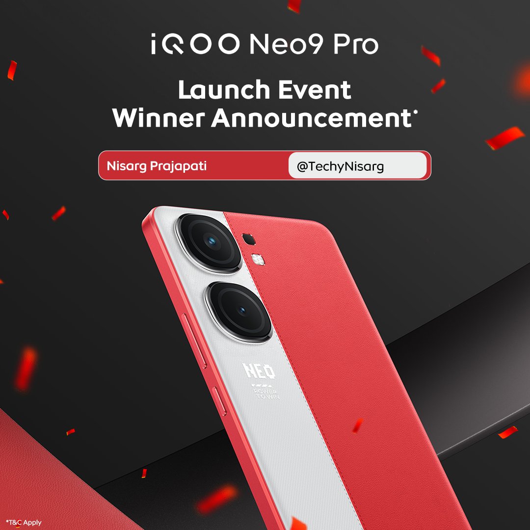 Big congratulations to @TechyNisarg for winning the #iQOONeo9Pro Launch Event Contest 👏 DM us your address and mobile number to take this forward. Thank you for participating.

#iQOONeo9Pro #PowerToWin #WinnerAnnouncement