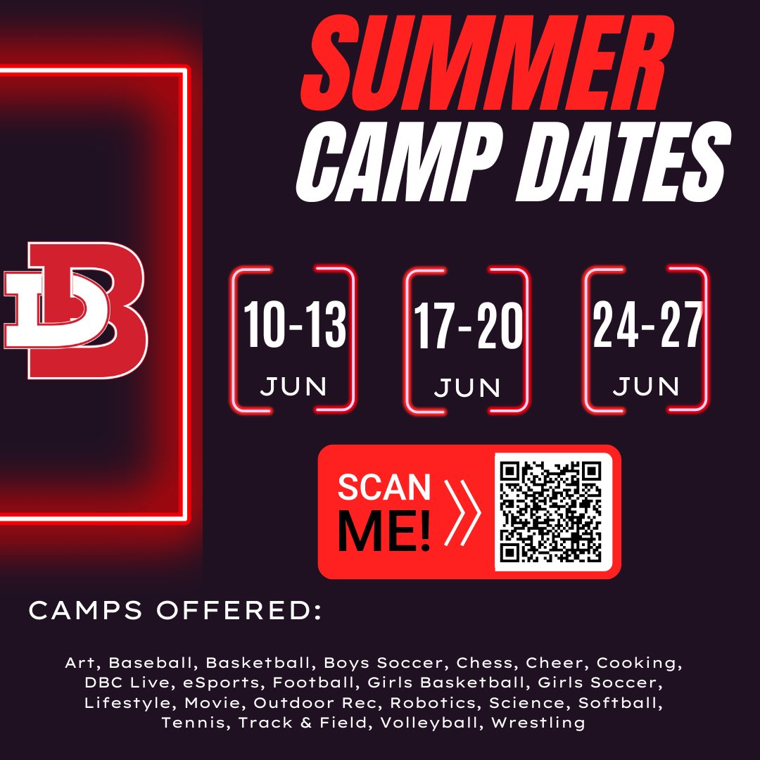 Summer Camp dates are going FAST 🔥

Screenshot this photo and scan the QR code in your photos or copy the link below to sign up! 💥

bishopdubourghighschool.regfox.com/camp-cavalier-…