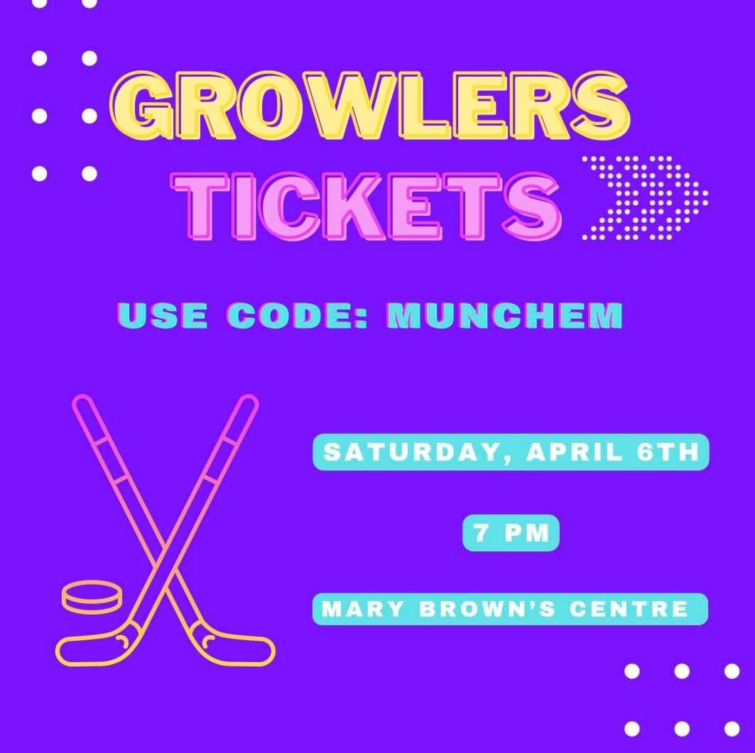 Celebrate the end of classes by checking out a Growlers game! Bring friends, go as a lab group, or have a family night! Use link below to buy tickets directly OR input code MUNCHEM at checkout. MUNCS will receive $5 per ticket. mbcentre.evenue.net/cgi-bin/ncomme…