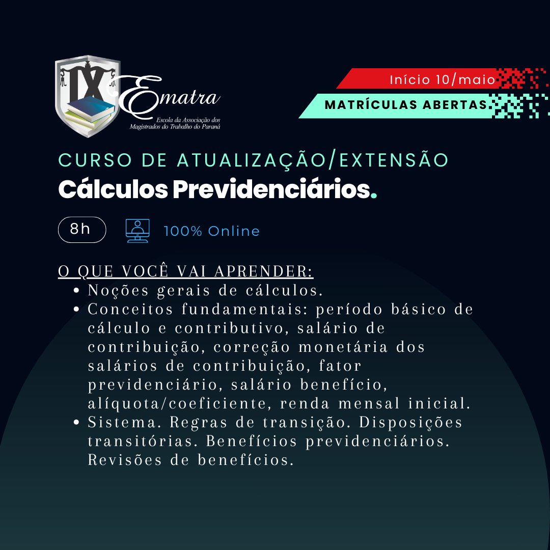 O curso pode ser feito na modalidade 100% online.   acesse ematra9.org.br ou entre em contato pelo telefone 41 98497-4580. #CursoPrevidenciário #cálculosprevidenciários #AtualizaçãoJurídica #EducaçãoJurídica #AprimoramentoProfissional #Ematra9 #CursoOnline