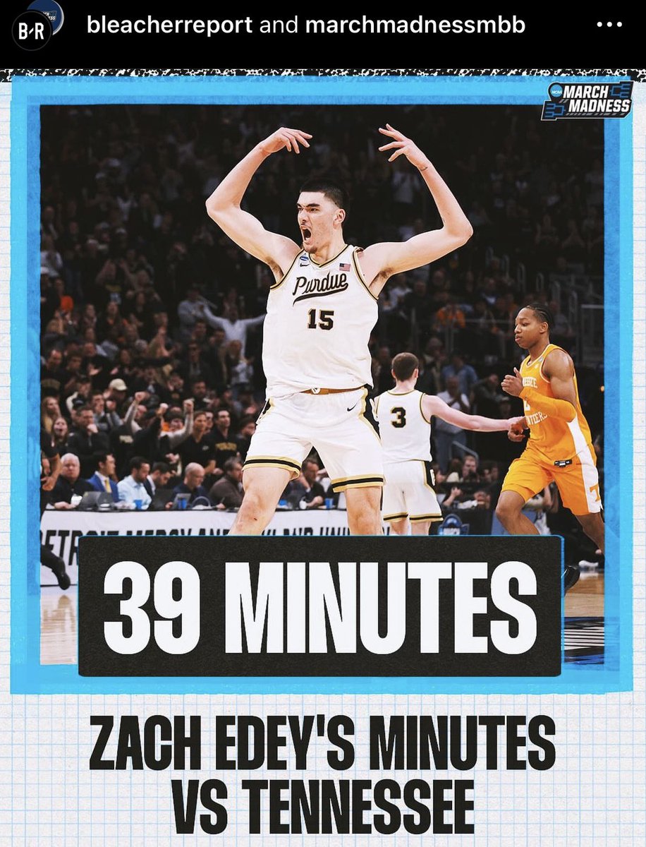 BoilerBurner1's tweet image. We will forever remember his 40 point and 16 rebound performance but a 7’4 guy playing 39:27 minutes in a 40 minute Elite 8 game is absolutely absurd. 

Find me one big man, 6’10-7’2 who has ever done what Zach Edey did yesterday. Clingan on UConn can only play 20 minutes per