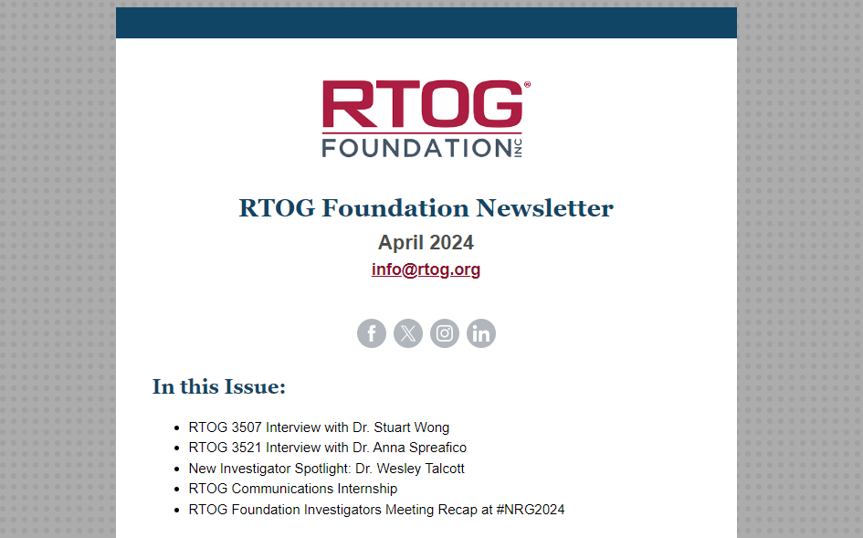RTOG Foundation (@rtogfoundation) on Twitter photo The April edition of the RTOGF newsletter is available! For #HeadandNeckCancer #Awareness Month, we feature PI interviews for the active KEYSTROKE study & upcoming TRANSPARENT study & an interview w/ New Investigator Spotlight: Dr. Talcott -Read it here: conta.cc/3PJbqYC The April edition of the RTOGF newsletter is available! For #HeadandNeckCancer #Awareness Month, we feature PI interviews for the active KEYSTROKE study & upcoming TRANSPARENT study & an interview w/ New Investigator Spotlight: Dr. Talcott -Read it here: conta.cc/3PJbqYC