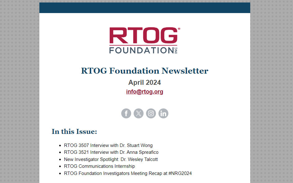 The April edition of the RTOGF newsletter is available! For #HeadandNeckCancer #Awareness Month, we feature PI interviews for the active KEYSTROKE study & upcoming TRANSPARENT study & an interview w/ New Investigator Spotlight: Dr. Talcott -Read it here: conta.cc/3PJbqYC