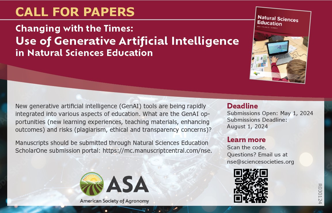 🚨 Call for Abstracts! 🚨 Submit your research to our upcoming special section, 'Changing with the Times: Use of Generative Artificial Intelligence in Natural Sciences Education' 💻🔮 More info: bit.ly/4c1SPAM @wileyplantsci @TeachingSTEM @ESA_org @plantdisease