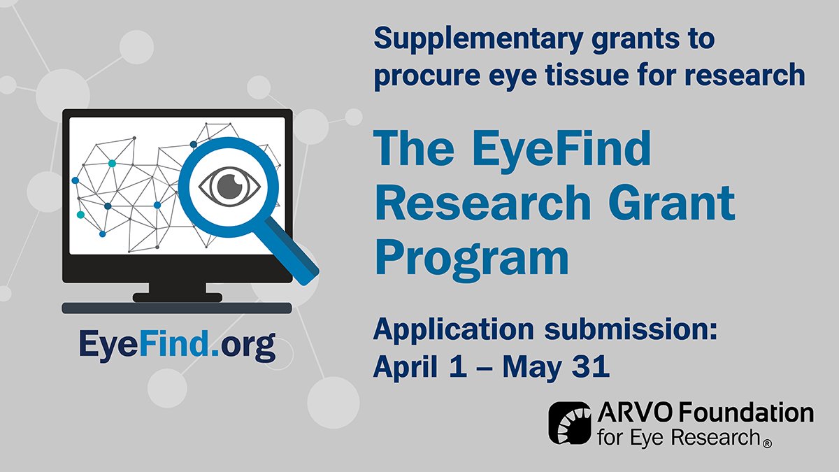 Applications are open now for @ARVOinfo Foundation’s EyeFind Research Grants program! Sponsored by @_BrightFocus, up to $5,000 is provided to procure human eye tissue samples from eye banks for a well-conceived research project. Apply by May 31 bit.ly/2pl548Q #ARVOgrants