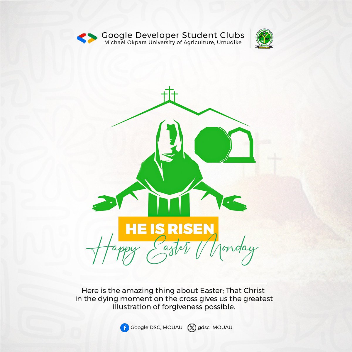 Happy New Month and Happy Easter from all of us at GDSC MOUAU 
#AprilFirst2024 
#happyeaster2024
