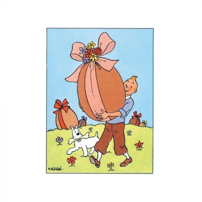 Et vous, les avez-vous tous trouvés, les bons oeufs de Pâques en chocolat, dans le jardin ? Si non, Tintin se permet de vous en offrir un 'petit' ! Ca changera des traditionnels poissons... Image : carte postale trouvée sur le site web BD addik (bdaddik.com)