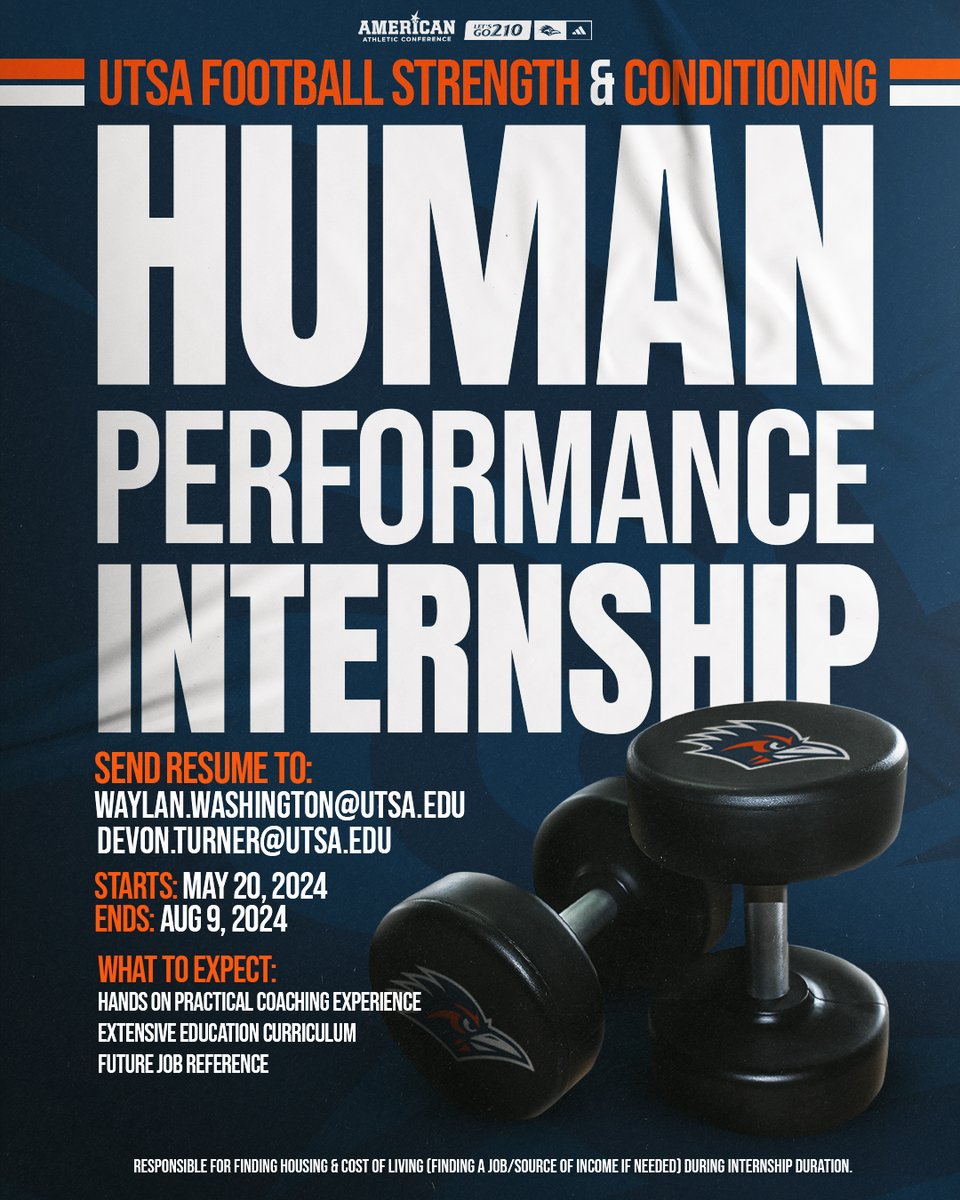 Now Hiring 👉 UTSA Football Strength & Conditioning Human Performance Internship ℹ️ goUTSA.com/utsa-sports-pe… #LetsGo210 | #BirdsUp 🤙