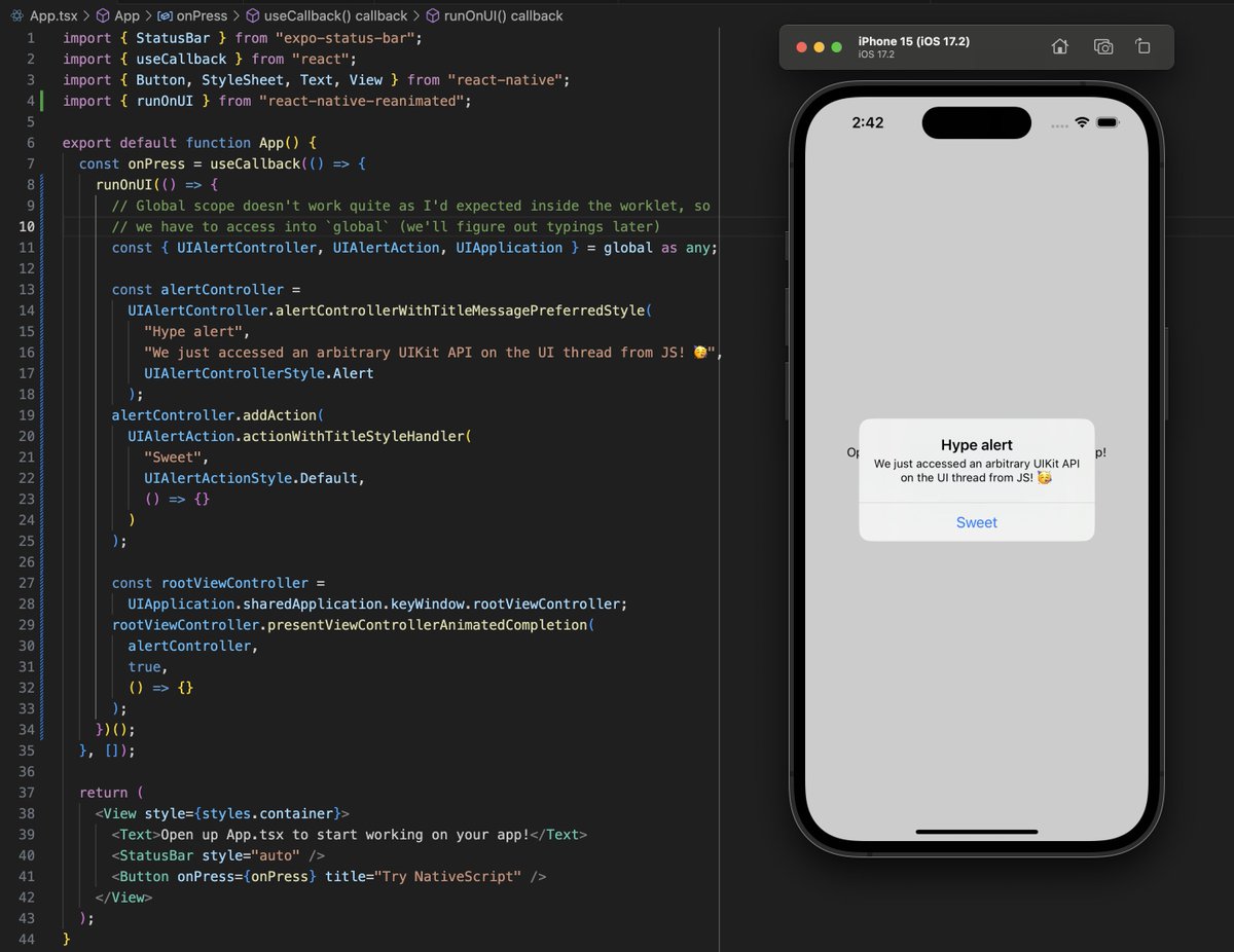 birch_js's tweet image. Can't believe it. I've been trying to bring seamless native API access to React Native for 5+ years, and just tackled the final boss.
We just called an arbitrary UIKit API from JS, on the UI thread, with no native code – thanks to NativeScript, Node-API, and Reanimated. 🥹🚀