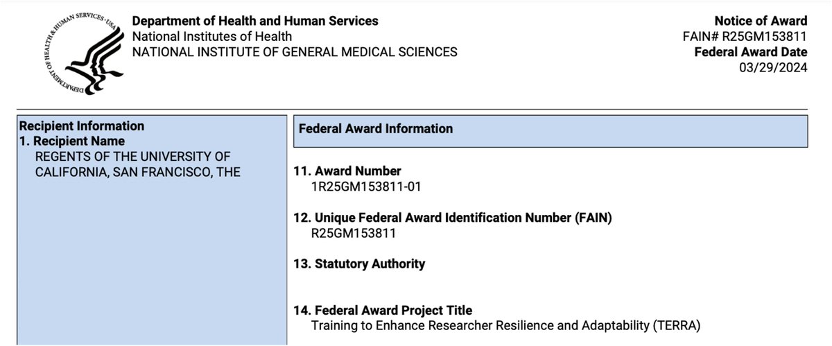 Thrilled to add 'NIH-funded well-being researcher' to my CV! Excited to embark on TERRA: R25 grant project with my co-PI @RSchwartzPhD to support biomedical scientist well-being ❤️ Could not have done this without support from @UCSFAnesthesia @UCSFOCPD @ucsfhealth @gropperUCSF