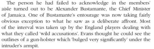 5th Test, Day 3. Hutton plays his last great Test innings, a 9-hour double century compiled in intense heat. But he unintentionally causes another diplomatic incident, after walking off the field at tea, by ignoring a dignitary's outstretched hand. Close WI 20-0, 255 behind.