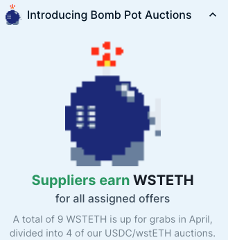 term_labs's tweet photo. The first Bomb Pot Auction is now live on Term. 

Suppliers can earn additional yield in wstETH contributed by @LidoFinance - Liquidity Observation Lab. 

Participate now at https://t.co/gSfCDOai2H https://t.co/oenwMT7eYD