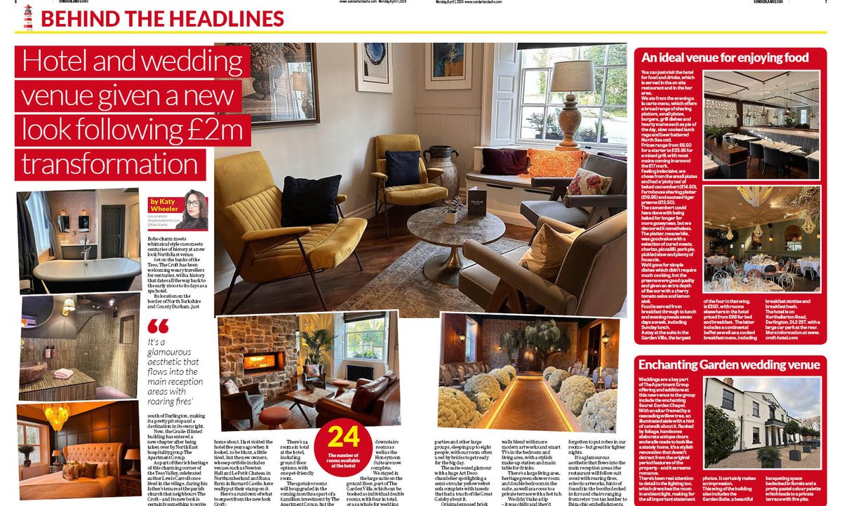 Nice spread by Aidan Townsend for today's bank holiday @SunderlandEcho as @KatyJourno takes a peak inside the new-look @CroftHotel after a £2m transformation. The Grade-II listed building has entered a new chapter after being taken over by hospitality group @apartmentgroup1.