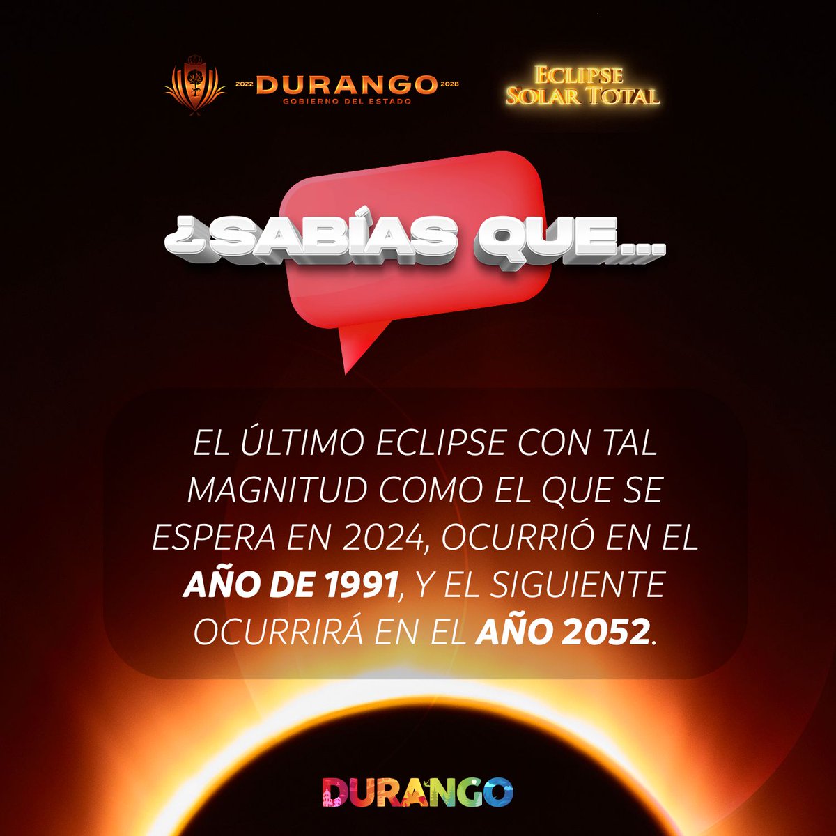 dgosectur's tweet photo. El 8 de abril estará lleno de magia con el espectáculo que nos regala la naturaleza en el Eclipse Solar. 💫

#Eclipse2024 #EclipseSolar  #Durango https://t.co/DtatLhO6Z5