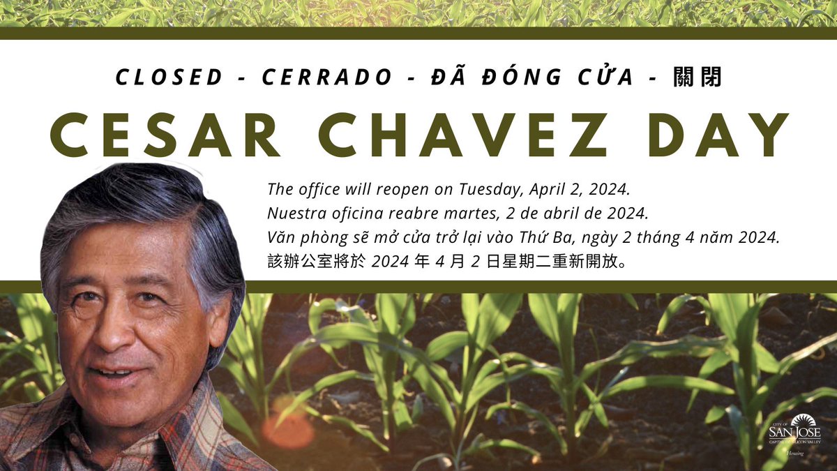 The Housing department will be closed on Monday, April 1, in observance of Cesar Chavez Day. We will reopen on Tuesday, April 2, at normal business hours.