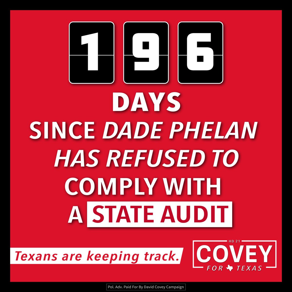 It’s been 196 days, and Dade Phelan still has not complied with a state audit on the sham impeachment of AG Paxton. Dade wants to hide the costs from taxpayers. What’s he afraid of? What’s he hiding?