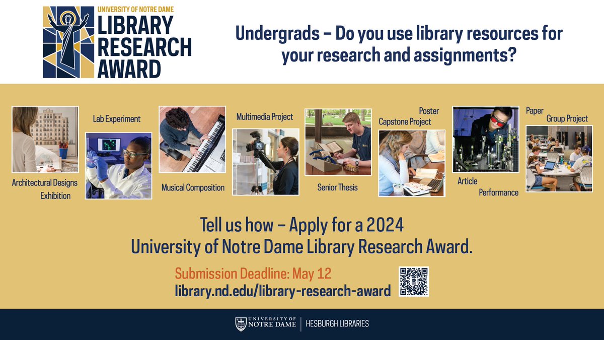 First year @NotreDame students: Apply for the 2024 Library Research Award, deadline May 12. The award is given to students who demonstrate excellence in using library research skills and resources for assignments, research, and other endeavors: library-research-award.library.nd.edu.