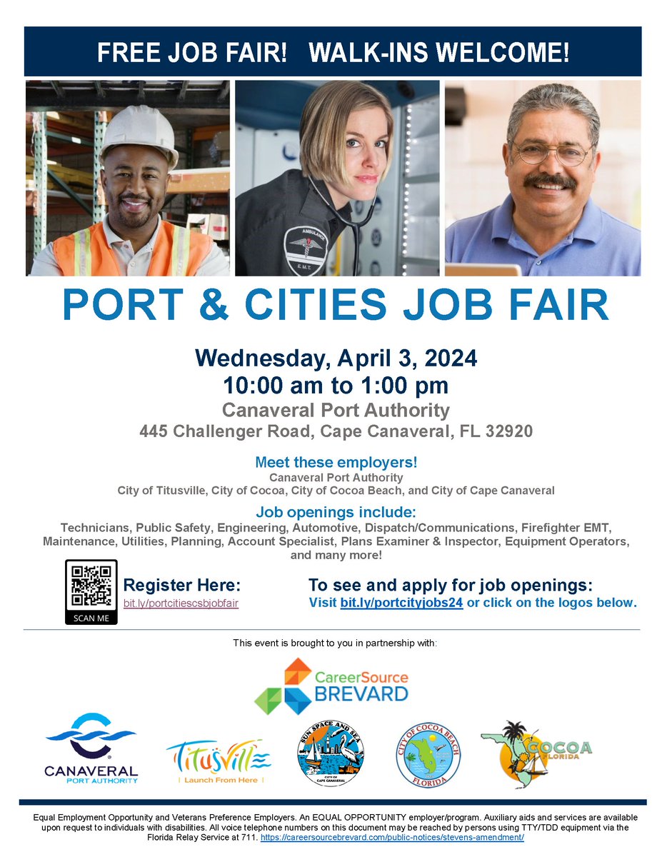 JOB FAIR WEDNESDAY APRIL 3: Join us at Port Canaveral from 10am to 1pm! @CapeCanaveralFL , @Titusville , and @CityofCocoa , all coming together for a centralized job fair. Speak with reps from each organization and find a great job! Some of the open positions include:…