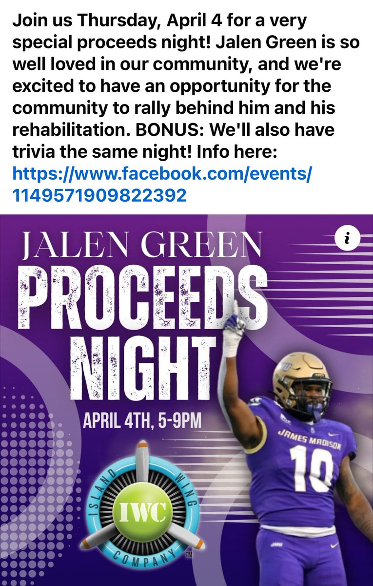 .Join @LilJayyy_1 at Island Wing Company in Harrisonburg this Thursday 5-9 pm for meet & greet autograph signing and opportunity to buy some unique JMU Football/Jalen Green merchandise! Plus-it’s trivia night!
