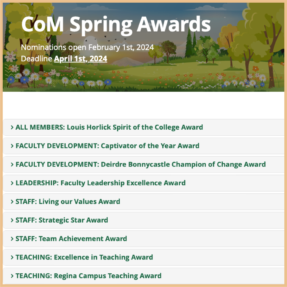 ⏰ TODAY is the last day to submit nominations for the CoM Spring Awards! Join us in recognizing the outstanding contributions of our staff and faculty. 

Visit medicine.usask.ca/awards.php to learn more.

@USaskCoMFacDev