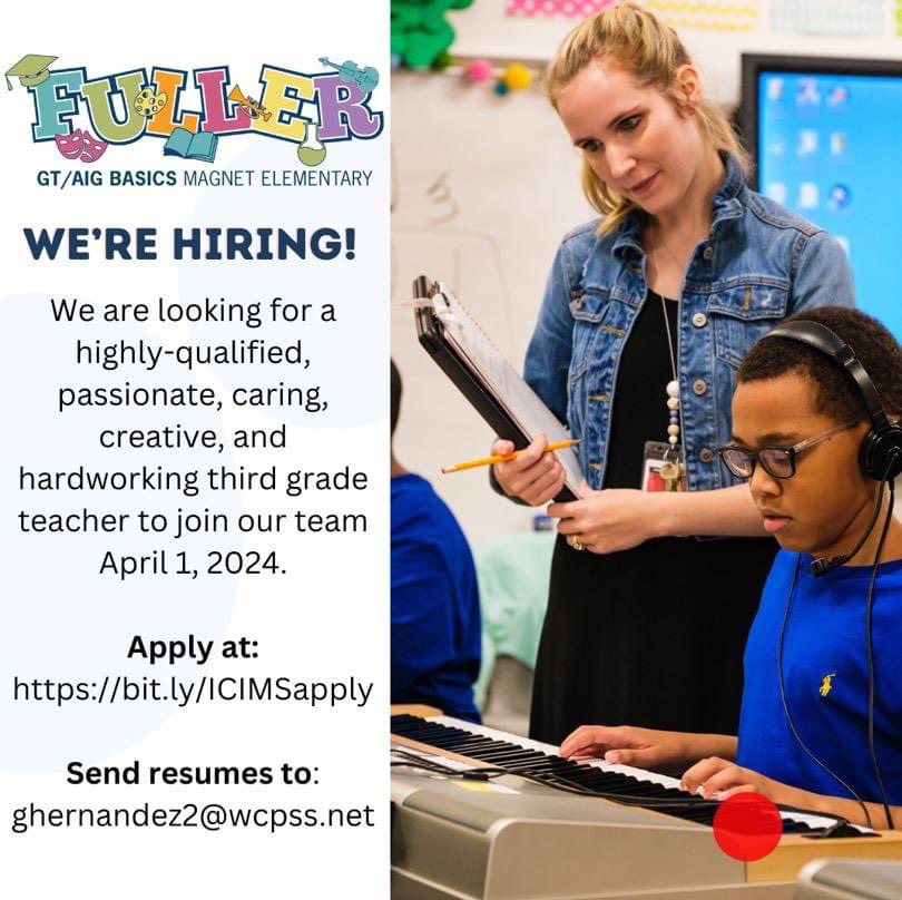 Fuller Magnet is looking to hire a third grade teacher immediately.  Please share with any potential candidates.