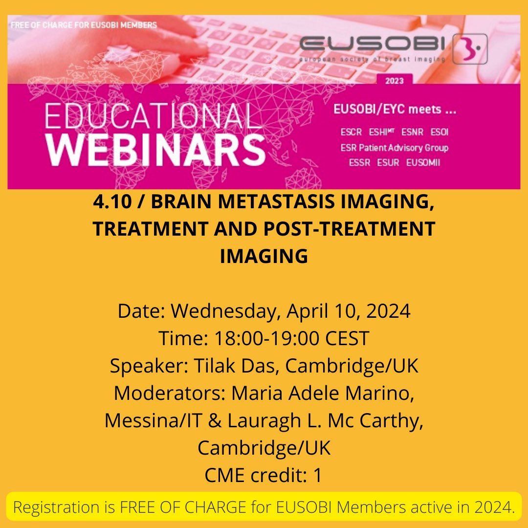 ✨ 4.10 / BRAIN METASTASIS IMAGING, TREATMENT AND POST-TREATMENT IMAGING ✨
📌Date: Wednesday, April 10, 2024
📌Time: 18:00-19:00 CEST
🎤Speaker: T. Das, Cambridge/UK

Register link : us06web.zoom.us/webinar/regist…