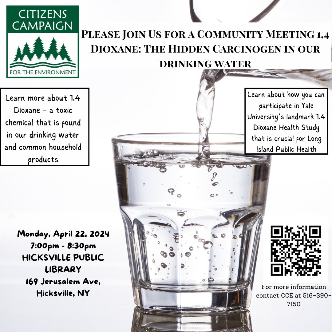 CCE & the Yale Superfund Research Center will be hosting a free community meeting to discuss the impacts of 1,4-dioxane in drinking water & Yale’s new health study on Long Island. April 22, 2024 at 7pm Hicksville Public Library, 169 Jerusalem Ave Register: forms.gle/f5vtJFxr8MD33m…