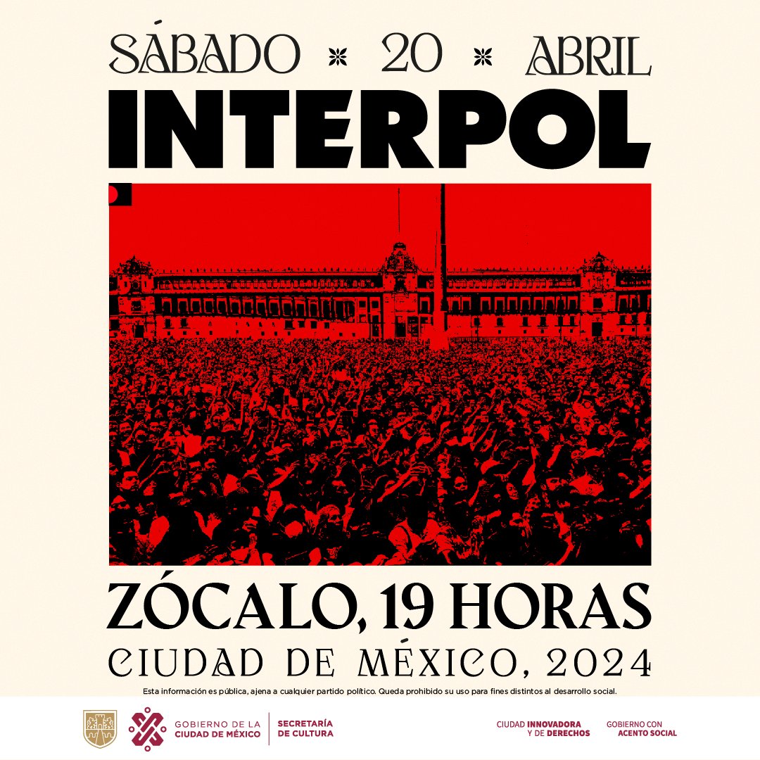 GobCDMX's tweet photo. 🤟 ¡Rosemary, heaven restores you in life! 🌹

@Interpol viene a la Ciudad de México. 😍 Este próximo 20 de abril no te pierdas la presentación de esta banda internacional en el Zócalo, a partir de las 19:00 horas. Entrada libre. 😎🎶 https://t.co/OStHCcYXD4