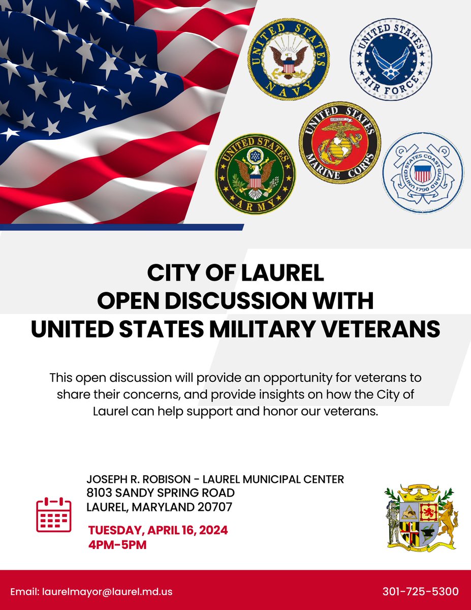 Mayor Sydnor's  open discussion with United States Military Veterans 
This  open discussion will provide an opportunity for Veterans to share their concerns, and provide insights on how the City of Laurel can help support and honor our Veterans. 

April 16, 2024
4:00pm to 5:00pm