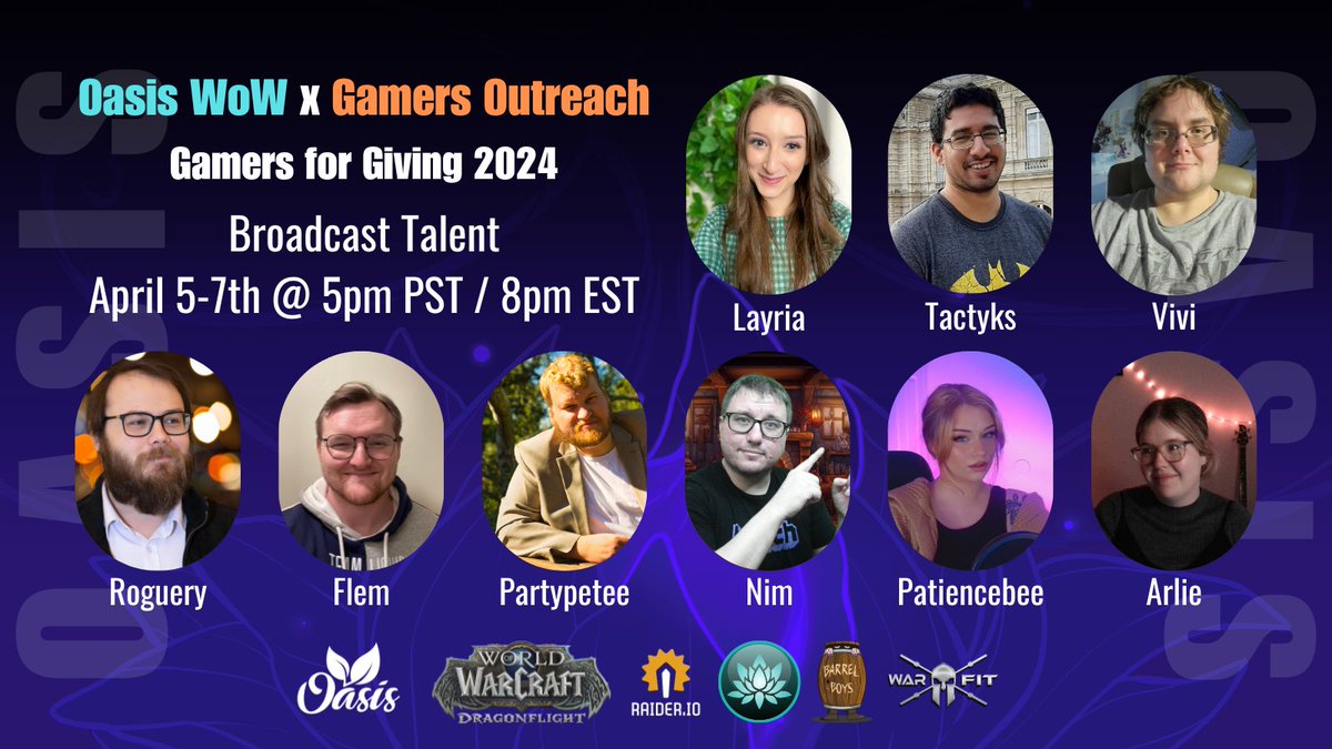 oasis_w0w's tweet photo. Introducing our broadcast talent for our charity event THIS WEEKEND April 5-7th @ 5pm PST / 8pm EST 💙 🧡

They're ready to hype up the action and tackle challenges as we reach donation milestones 💪

Open the thread below to learn more about our casters! 👇 🧵#GFG2024 https://t.co/ASdSFsS8SG