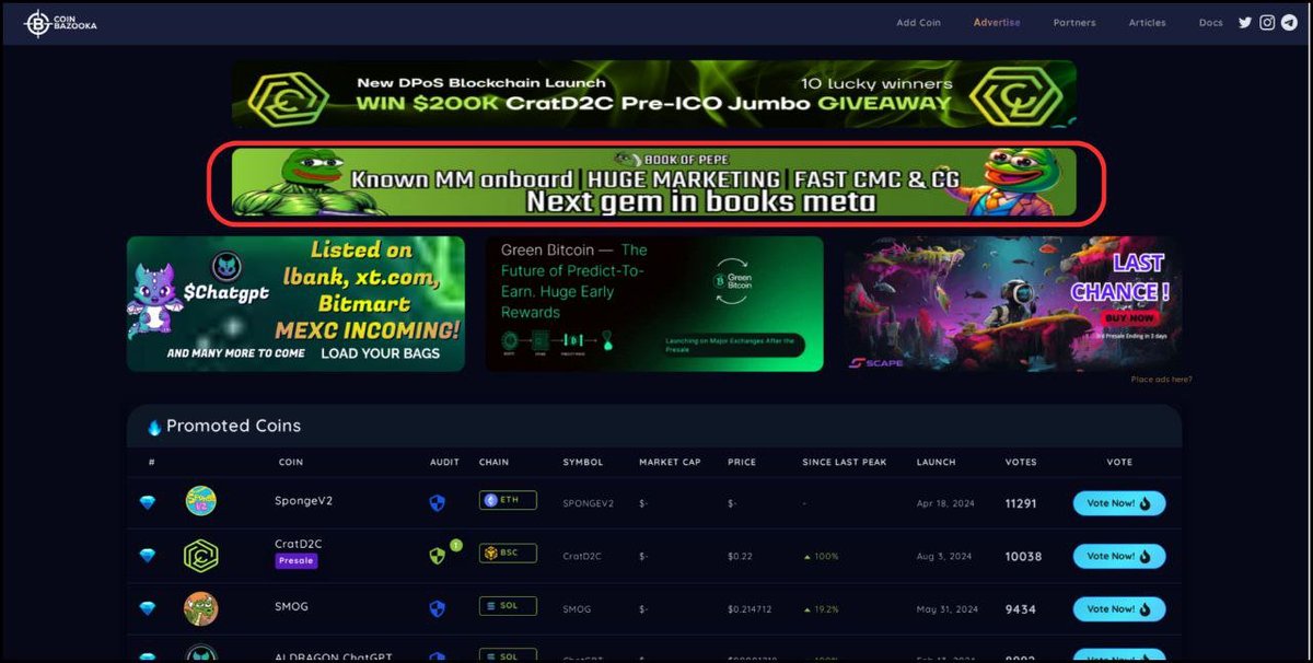 Hey $BOPE Family! We're thrilled to announce that BOOK OF PEPE is now being advertised by <a href="/coinbazooka/">CoinBazooka</a> ! 😂 This partnership is set to launch our project into the stratosphere, reaching eyes and screens across the globe. 💪

coinbazooka.com

Stay tuned as we continue to