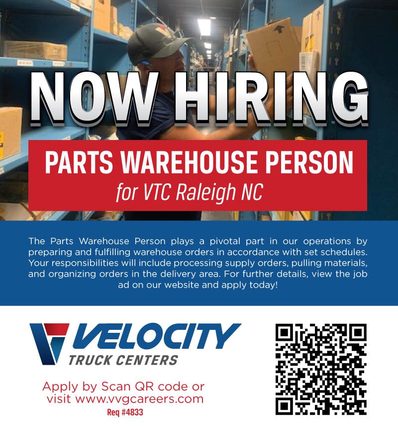 We're hiring at Velocity Truck Centers Raleigh! Looking for a parts warehouse person.
Apply today at vvgcareers.com
Req#4833