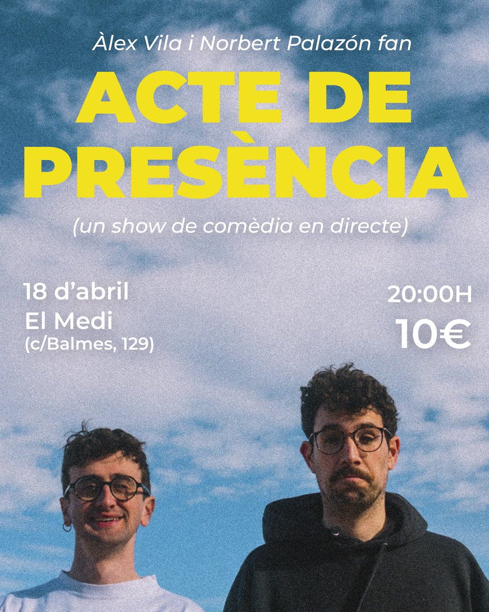 NurPalazon's tweet photo. Hola, el dia 18 d’abril estarem amb l’ @alexvilaplaza fent un show d’stand up al medi a les 20:00. Crec que no em deixo res. Ah sí, no ens deixeu sols. Podeu comprar entrades aquí:

https://t.co/0kn9r7wlBD https://t.co/FG2btkuGf6