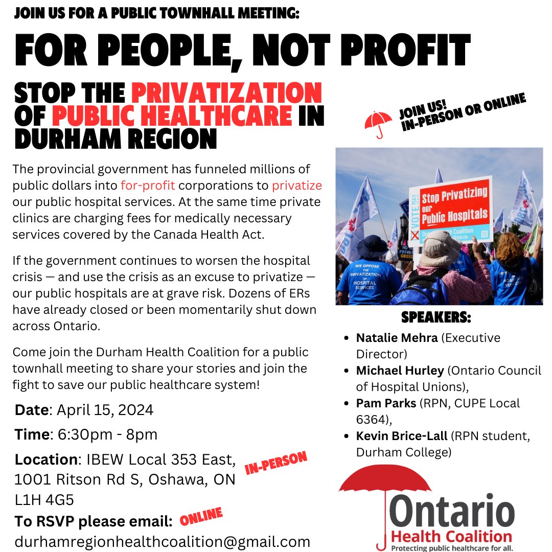 In 2 weeks I'm co-organizing a town hall in #Oshawa to stop the privatization of our healthcare! Please invite friends you know in #DurhamRegion. #ONpoli #SavePublicHealthcare 💪

Date: Mon, April 15, 2024
Time: 6:30 pm - 8:00pm
Location: 1001 Ritson Road S (or join us on Zoom!)