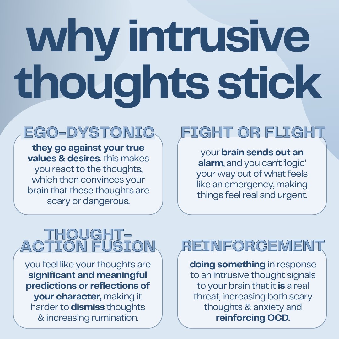 Many people who struggle with OCD describe their intrusive or unwanted thoughts as 'sticky', meaning that the thoughts linger and stick around and that they have difficulty letting go of the thoughts. Here are some reasons why this is common!