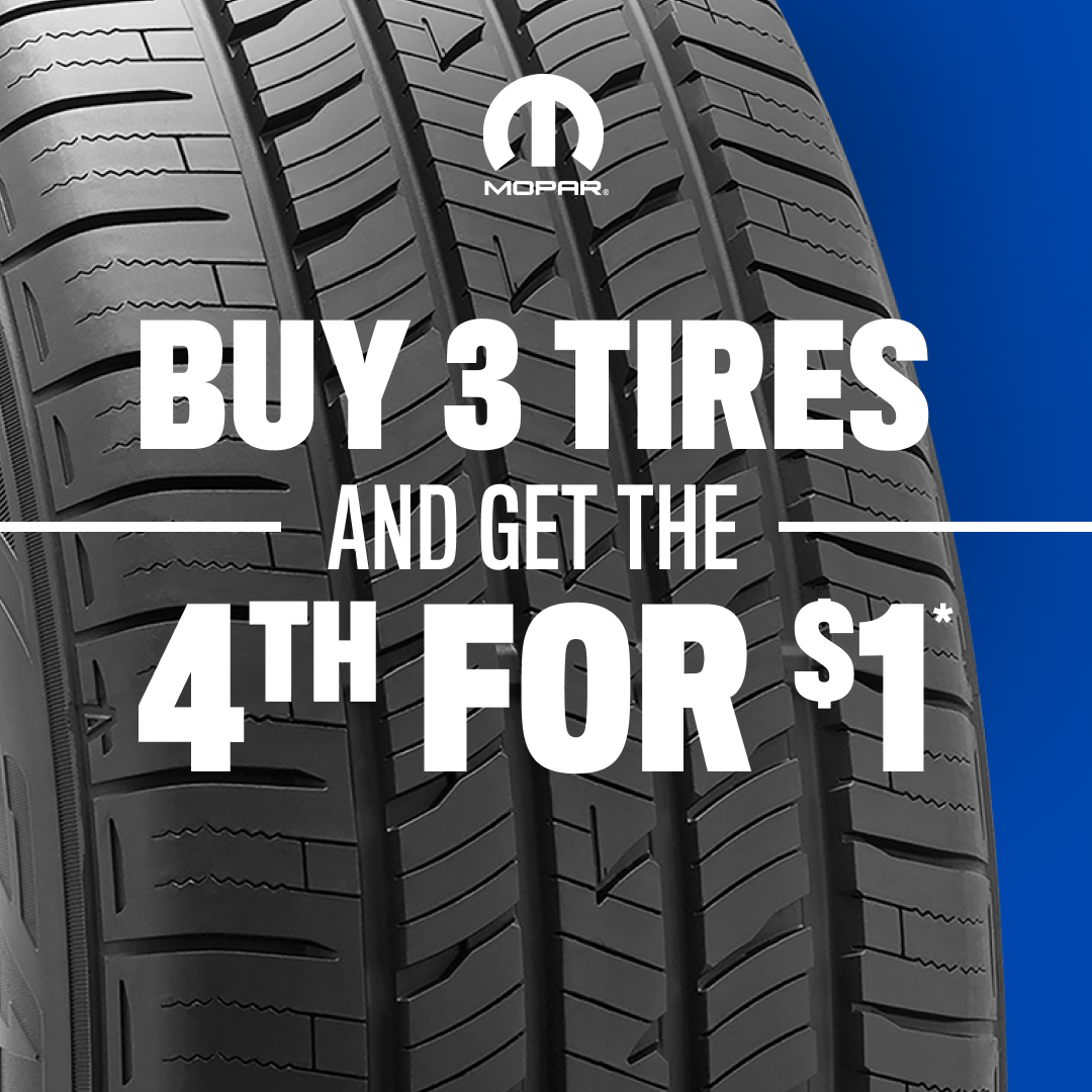 BoltonDCJR's tweet photo. Don't miss out on this tire-mendous offer: buy 3 tires and get the 4th for $1 at Bolton Dodge Chrysler Jeep Ram! 🛞💲This sale ends on April 30; catch it while you can! #DriveBolton #BoltonCDJR #PortArthur #TireSale https://t.co/Tutwo0a8Ck