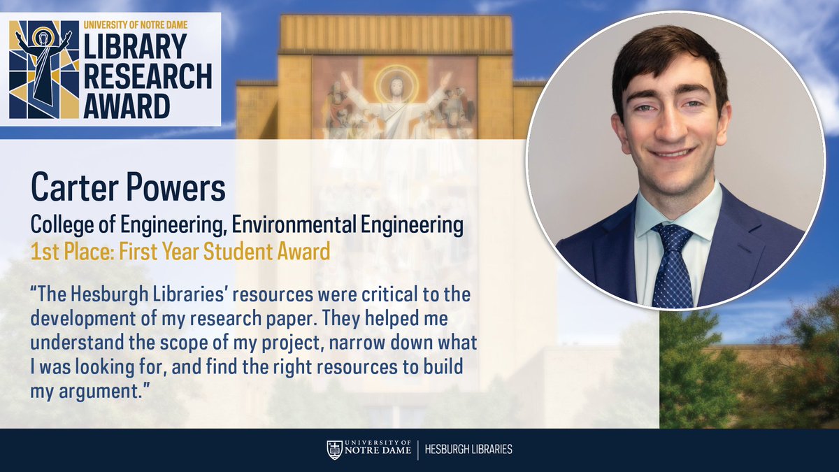 Also in 2023, Carter Powers, @NDengineering and Asian Studies, tied for first place for the First Year Student Award for “Self-Debasement and Westernization: Yu Dafu and the Development of China’s National Identity.” Read more: library-research-award.library.nd.edu/2023.html.