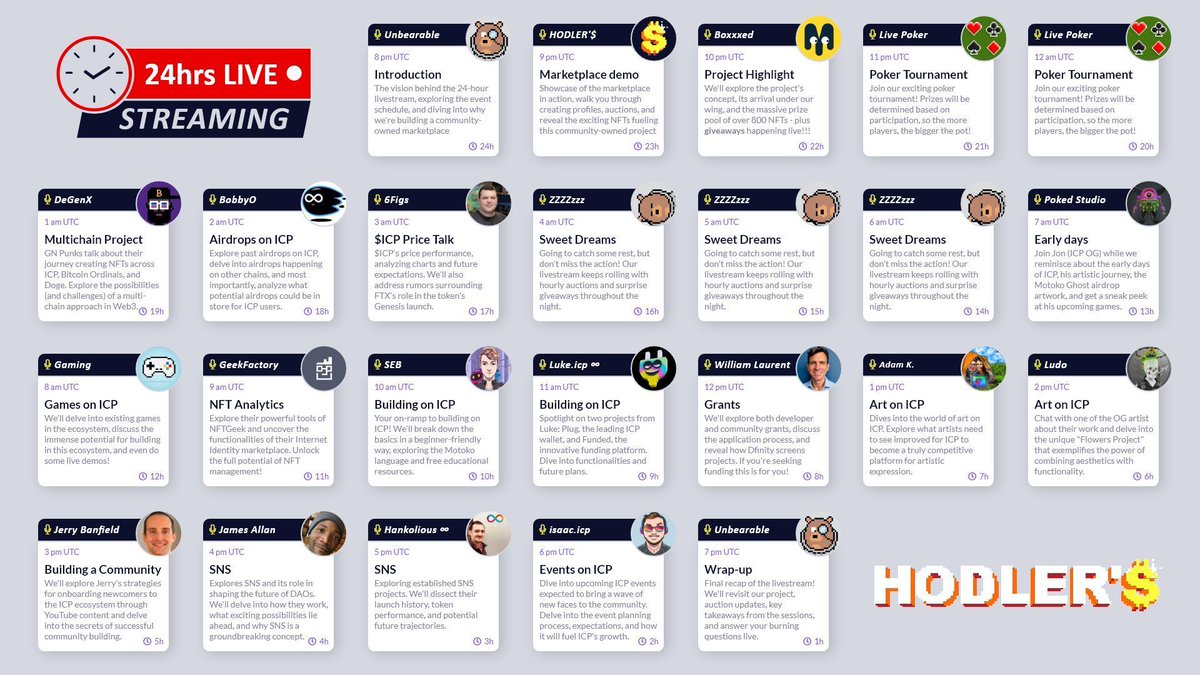 The wait is over #ICPeople!

We're thrilled to finally unveil the amazing lineup of experts joining us for the 24-hour livestream on 📅 April 3rd-4th.

Get ready to learn from industry leaders within $ICP, plus witness the future community-owned NFT marketplace unfold.

Thread 🧵