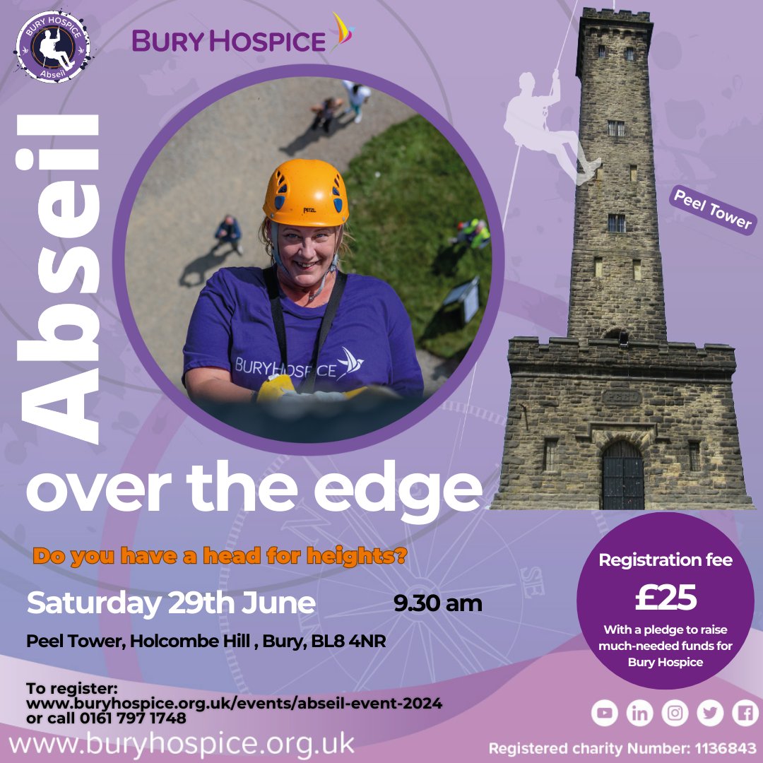 Will you dare to dangle over the edge? Bury Hospice invites you to abseil down Peel Tower, raising essential funds for palliative and end-of-life care services. Register today: buryhospice.org.uk/events/abseil-…