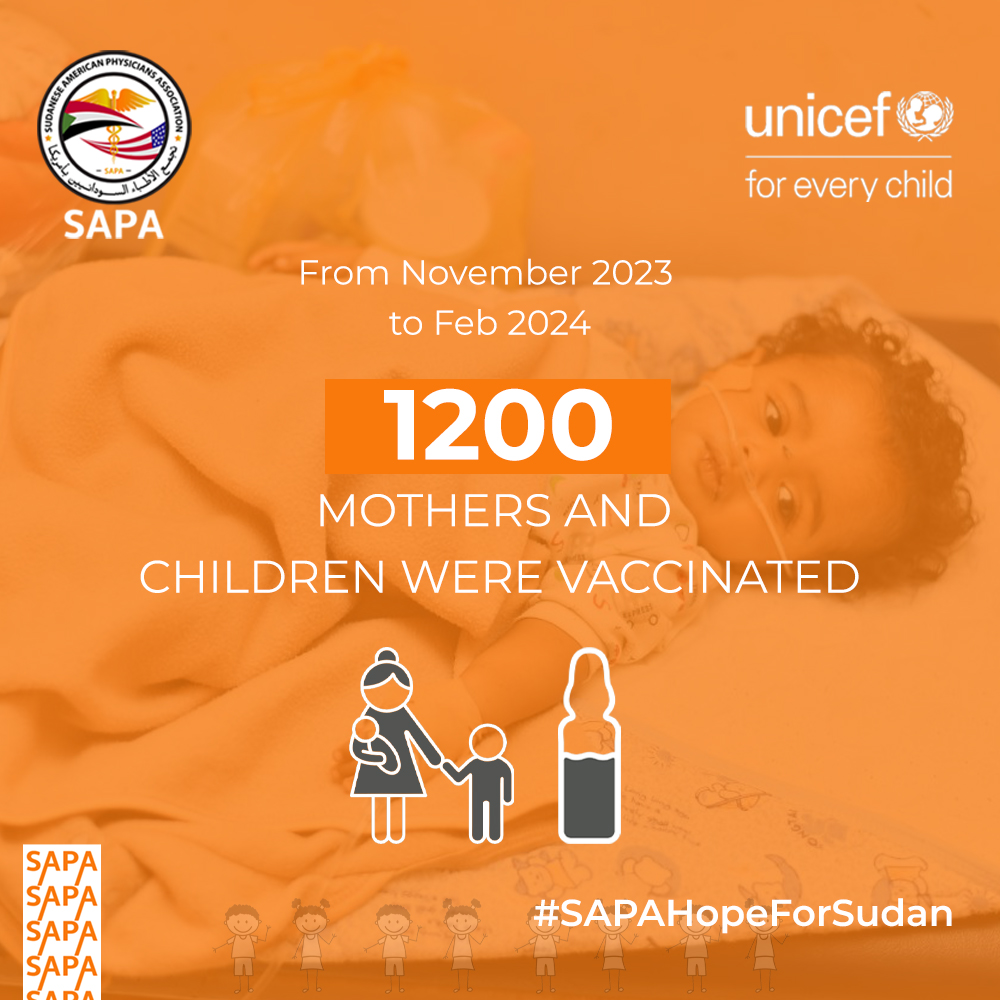 Since November 2023, amidst the challenges in Khartoum, we've vaccinated nearly 1200 children and mothers. Working alongside @UNICEFSudan, we're dedicated to expanding our reach and support in the region. #SAPAHopeForSudan #UnicefForEveryChild