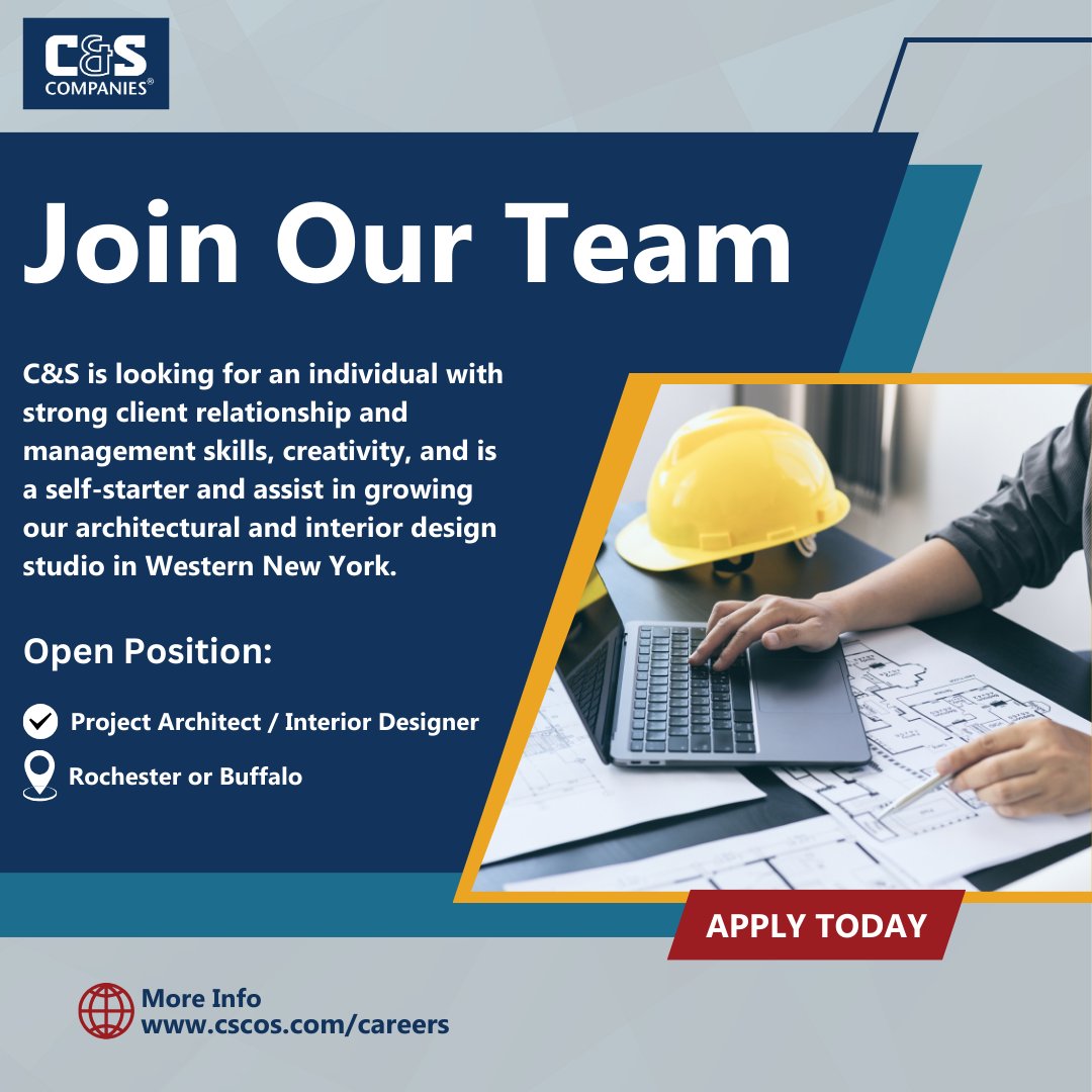 C_SCompanies's tweet photo. Are you the one to support our growing architectural and interior design studio in Western New York? Learn more and apply today https://t.co/FD8ZFbPeT6

#careeropportunities #cscompanies #westernNY #architecture #interiordesign https://t.co/x3a9WKpJhO