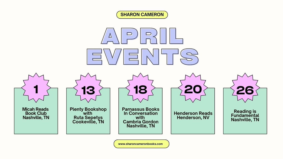 Events in Tennessee and Nevada this month! Visit my website for registration for Plenty Bookshop, Parnassus, and Henderson Reads: sharoncameronbooks.com/media-events/