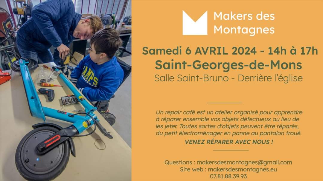 🐰 Le weekend de Pâques touche à sa fin ... c'est le moment de penser au weekend prochain avec le repair café qui se prépare avec les bénévoles de l'association 🛠️🪡

Toutes les infos sont sur l'affiche et encore plus sur notre site web : makersdesmontagnes.eu/evenements/