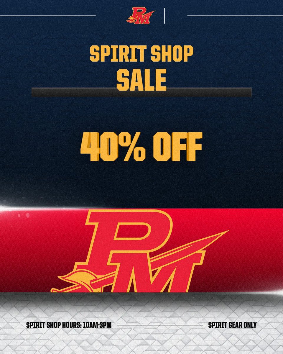 SUPRISE!! 40% OFF IN THE SPIRIT SHOP!! This week, all spirit gear in the spirit shop will be 40% OFF! (excludes school polos) This is our biggest sale of the year and will be THIS WEEK ONLY! The spirit shop will be open everyday this week from 10am-3pm.