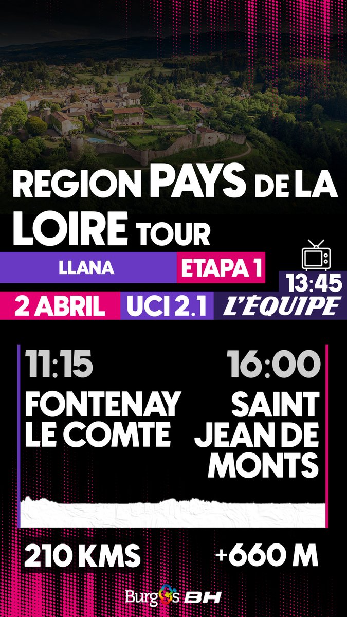 #RégionTour 🇫🇷 ▶️ Etapa 1 🚩 Fontenay-le-Comte ➡️ 🏁 Saint-Jean-de-Monts 📏 210 km ⛰️ 3 PM + 🚀 3 SP 🕒 11:15 - 16:00 📺 @lequipe