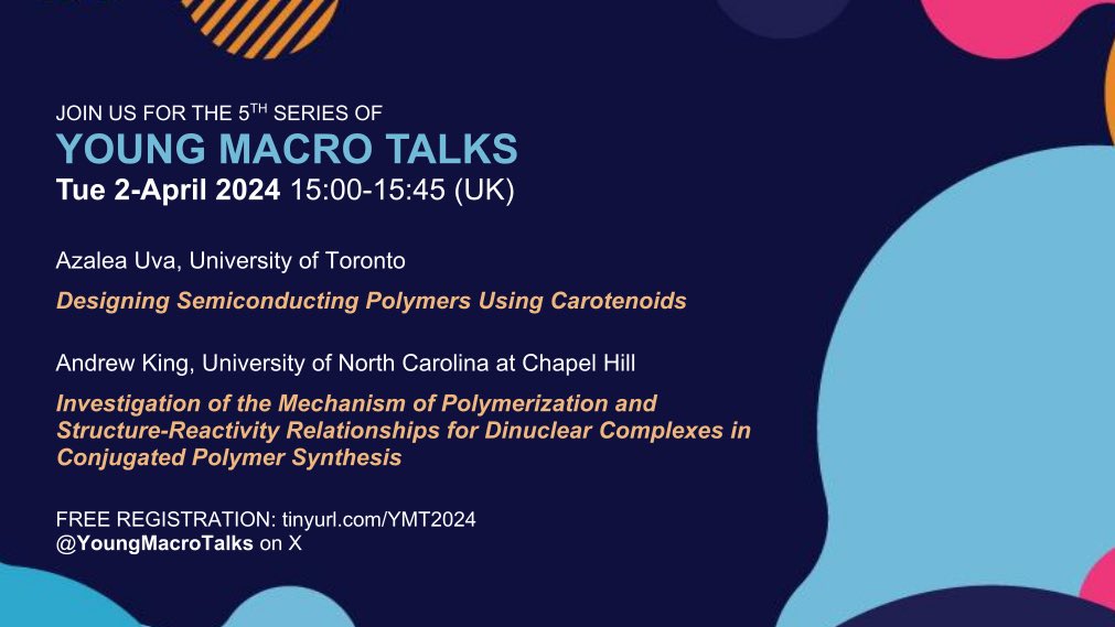 Time goes by so fast - we’re already in week 4! Tune in tomorrow to hear about the latest advances in conjugated polymer synthesis, presented by <a href="/chemie_lea/">Azalea Uva</a> and <a href="/kingak333/">Andrew King</a>. We’ll also be joined by Prof. Chi-Yuan Yang from <a href="/liu_universitet/">Linköpings universitet</a>. See you there!