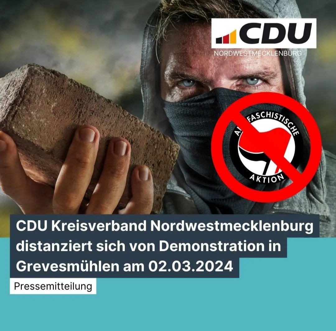 Sowas kommt von sowas: In Grevesmühlen wird eine Schülerin, die sich gegen Rechtsextremismus engagiert, krass bedroht. Wenige Wochen zuvor hatte dort die CDU eine Demo gegen den Rechtsruck diffamiert, da dort 'die Antifa' beteiligt sei.